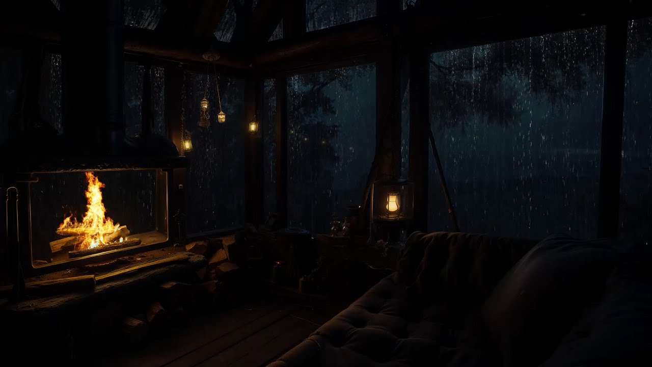 Soft Rain & Fireplace Sounds in Cozy Cabin Ambience for Stress Relief ...