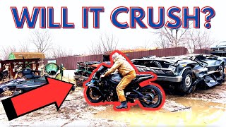 What Happens when you CRUSH a MOTORCYCLE? I Almost got INJURED! (Slow Motion)