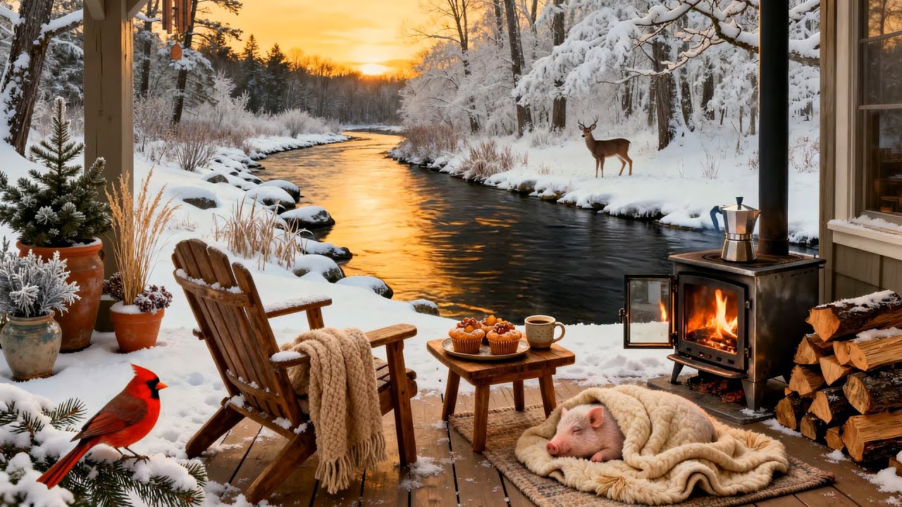 You Sit on a Winter Porch at Sunset ❄️🔥 Fire Warmth, River Flow & Quiet Forest