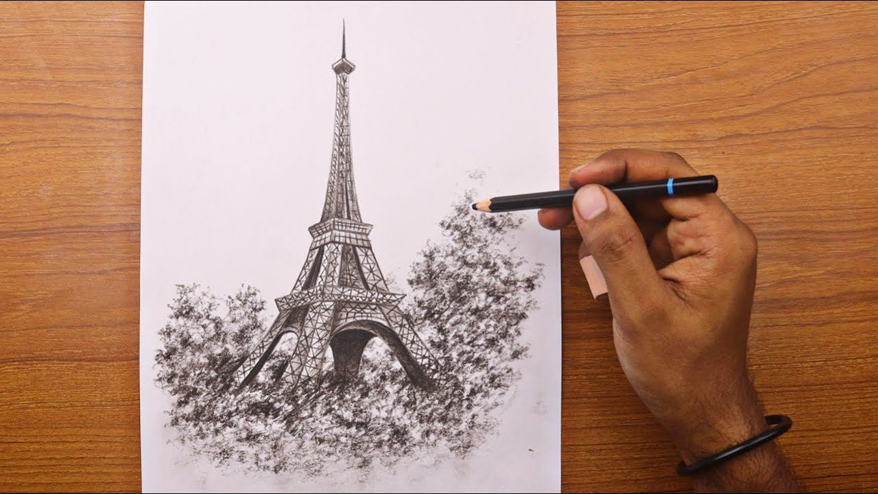 How to draw The Eiffel Tower Scene with Pencil Sketch | Sketching ...