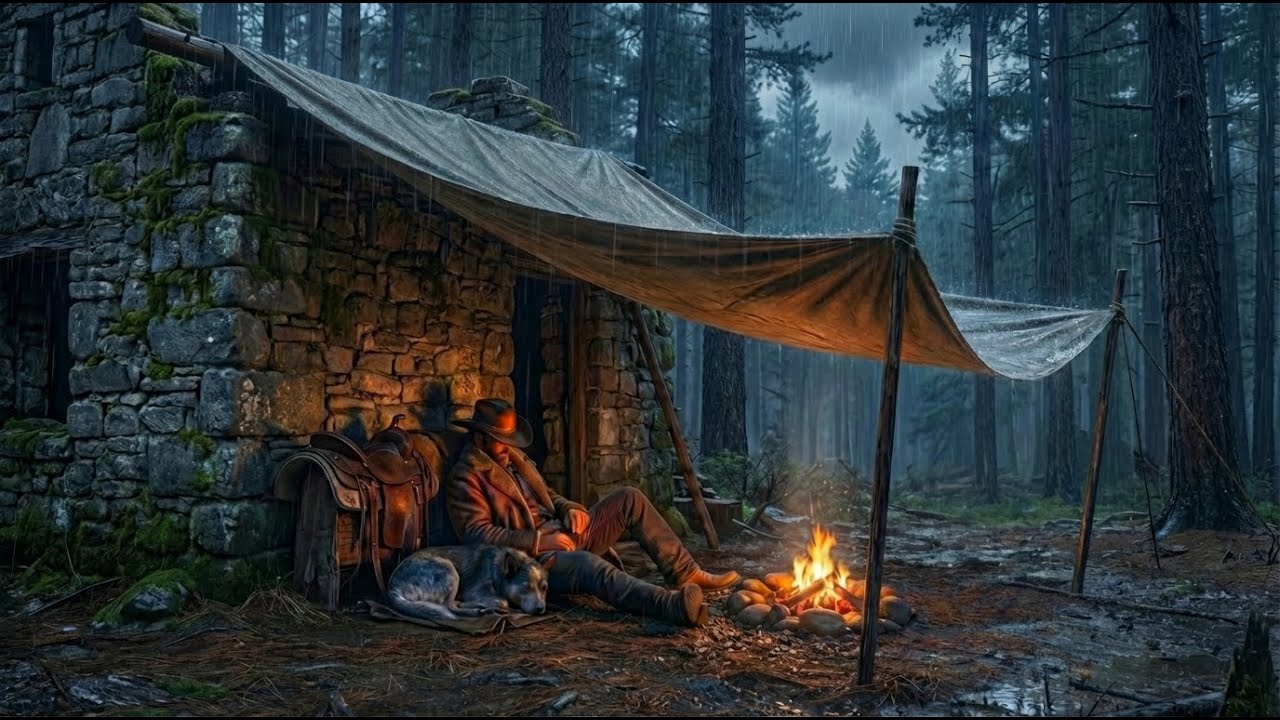 The rain is heavy... but we are safe in the ruins