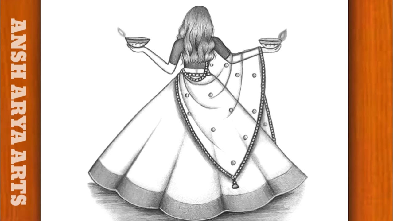How to draw Girl with Diya / Diwali Drawing / Diwali Drawing Easy ...