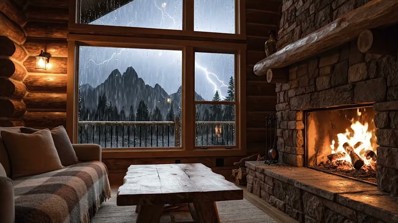 ⛈️ Mountain Cabin Thunderstorm | Fireplace, Rain & Thunder | 12 Hours for Sleep & Relaxation