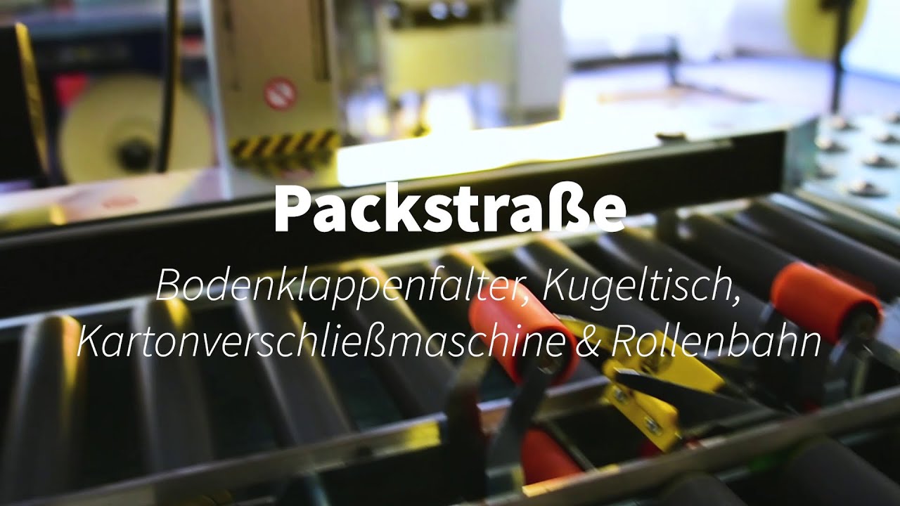 Packstraße: Bodenklappenfalter, Kugeltisch, Kartonverschließmaschine & Rollenbahn