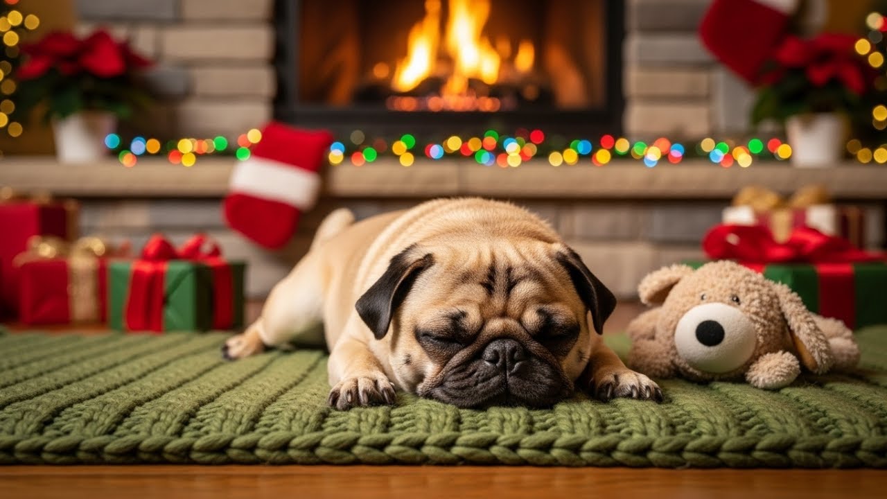 1 Hour of Relaxing Piano — Pug Sleeping by the Fireplace | Calming Music for Dogs 🐾