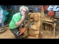 Quick Chainsaw Carving 4ft Welcome bear Rnd detail !!