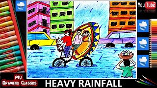 How To Draw Scenery Of Heavy Rainfall On Road | Easy Flood Scenery Drawing For Beginners