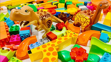 Satisfying Building Blocks Marble Run Race ASMR -JURASSIC WORL Dinosaurs Giraffe Course