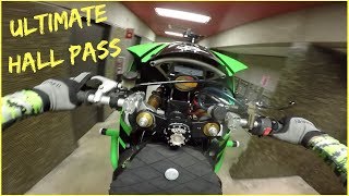 Riding Wheelies Through HIGH SCHOOL Hallways on Motorcycle!