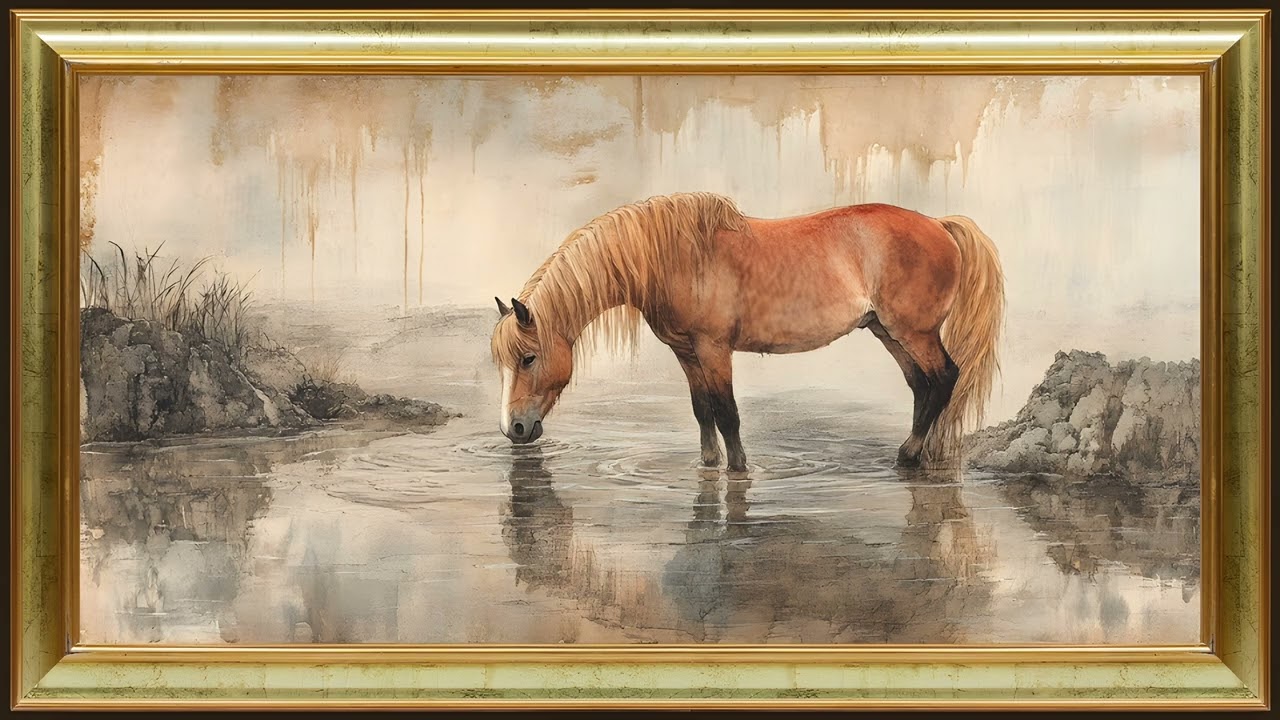 Chestnut Horse By the River, Vintage Equestrian Oil Painting | Gold Framed TV Art Screensaver