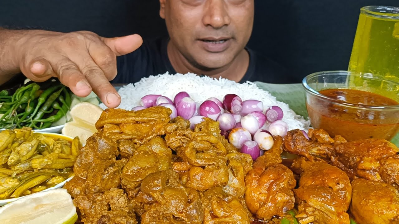 Eating Spicy Chicken Gizzard & Liver Curry| Chicken Leg Masala Curry, Small Fish Curry, Basmati Rice