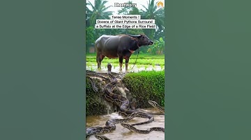 Tense Moments !Dozens of Giant Pythons Surround a Buffalo at the Edge of a Rice Field.