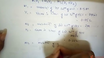 The molarity of a solution obtained by mixing 750 mL of 0.5(M) HCl with 250 mL of 2(M) HCl will ...