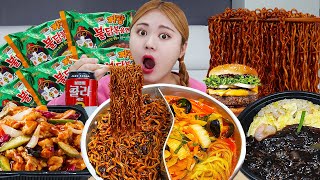 MUKBANG 짜장불닭볶음면 노브랜드 짜장버거 먹방!  BLACK BEAN NOODLES BURGER EATING SOUND | HIU 하이유