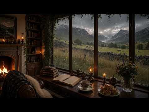Cozy Highland Sheep Meadow Library 🐑: Rainy Day, Celtic Fiddle & Fire | Dark Academia
