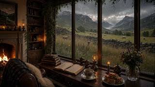 Cozy Highland Sheep Meadow Library 🐑: Rainy Day, Celtic Fiddle & Fire | Dark Academia screenshot 5