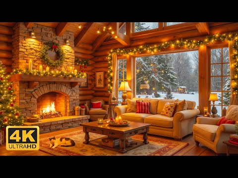 Christmas Cabin Fireplace Soft Christmas Piano Music Snowy Winter Ambience For Sleep Calm 