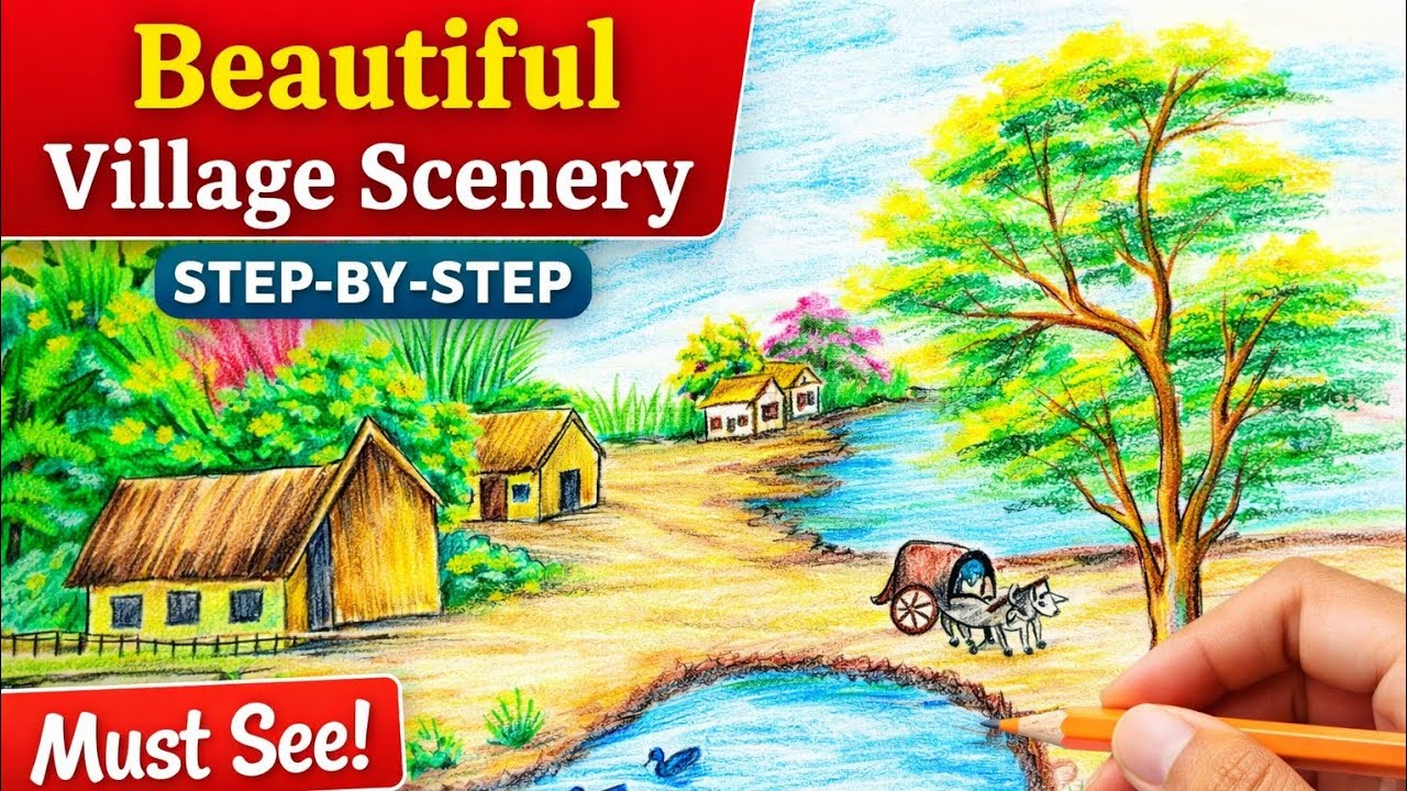 Easy Village Scenery Drawing Tutorial | Step-by-Step Color Pencil Landscape for Beginners