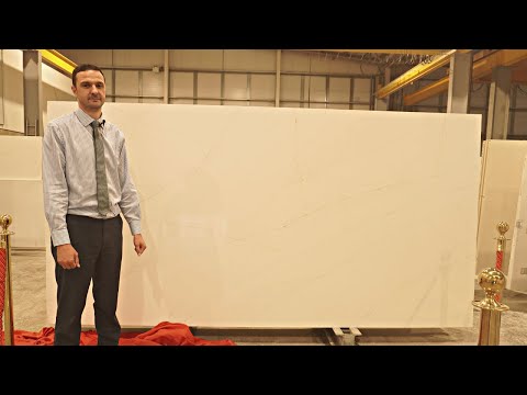 Ethereal Calacatta Quartz Slab Reveal by Mayfair Worktops