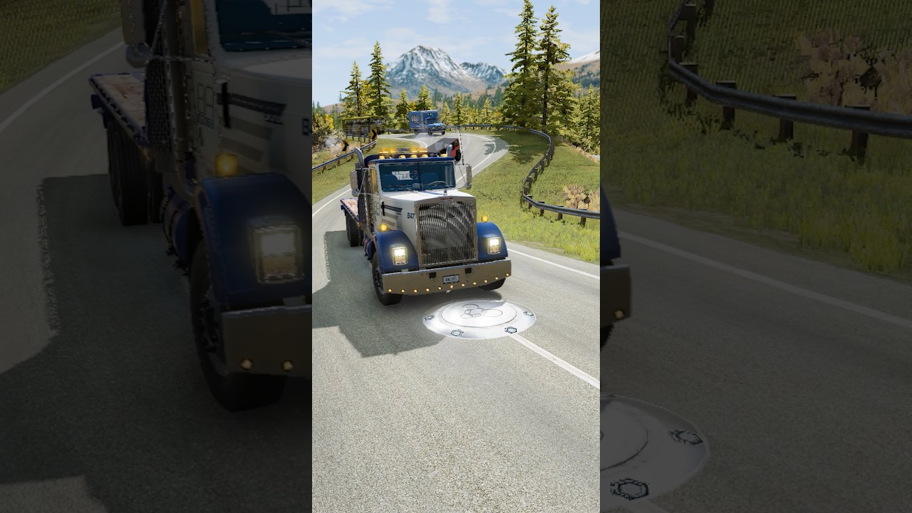 School Bus and Car Hauler Against Single Bollard 