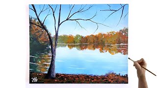 Easy lake painting tutorial - Water reflection acrylic painting - How to paint reflections in water