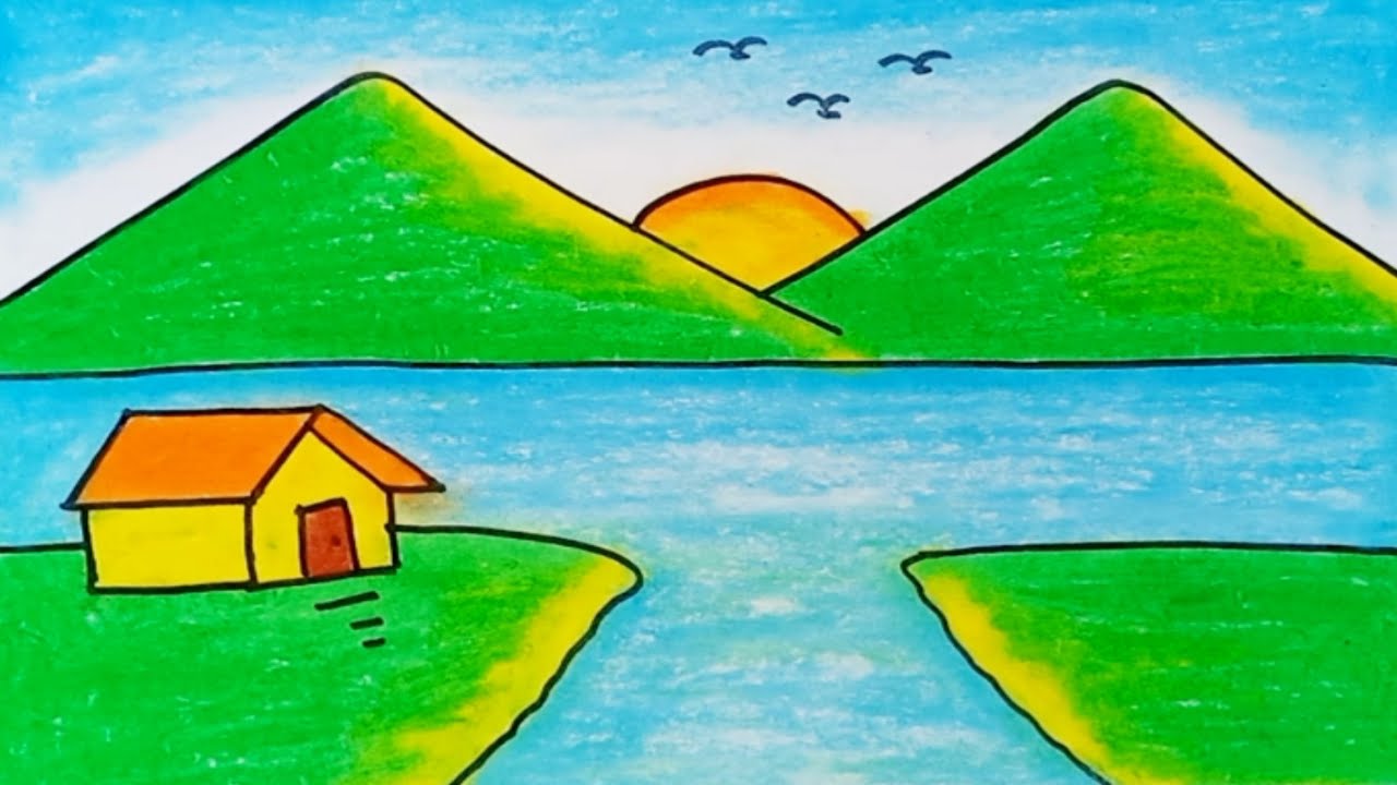 How To Draw Scenery Mountain,River And House Step By Step |Drawing Easy ...