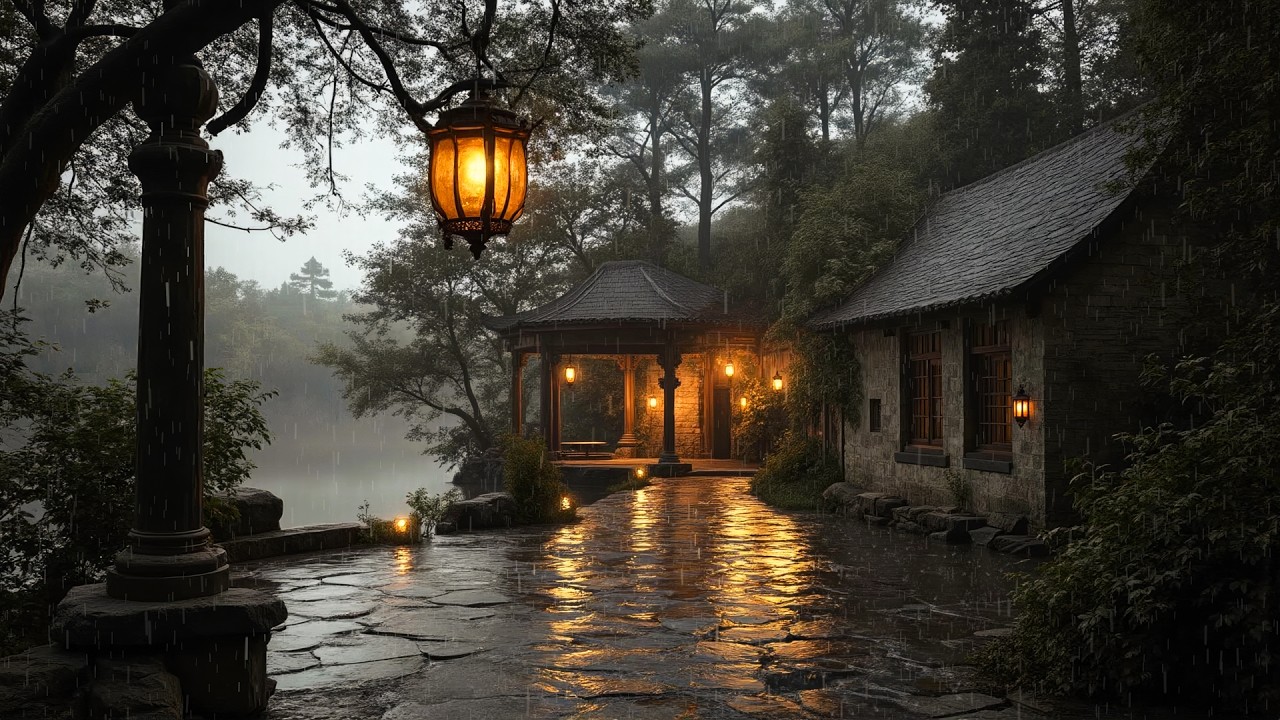 Cozy Cottage Ambience | Dark Academia Piano and Rain with Warm Lantern Glow for Writing Focus