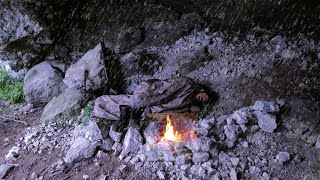 Hiding in an Abandoned Cave in Heavy Rain-2 days Solo Bushcraft Camping- I Built Cave With Fireplace