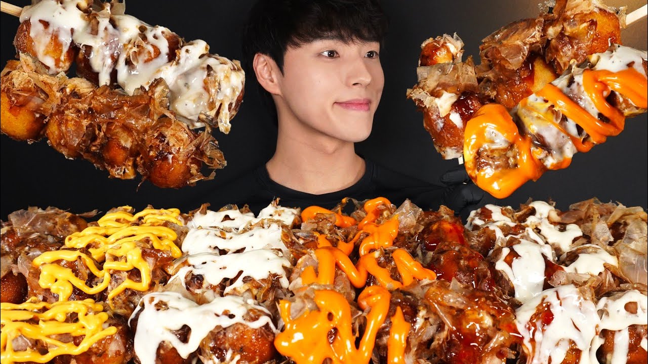 ASMR MUKBANG TAKOYAKI & CHEESE TAKOYAKI & SPICY TAKOYAKI & SWEET CHILI TAKOYAKI