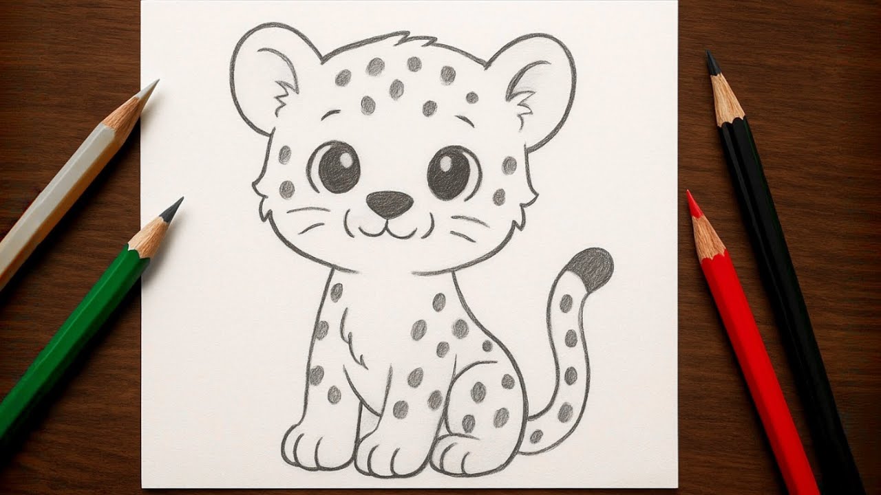 Милый рисунок детёныша леопарда на бумаге карандашами | Реалистичная композиция для настольного и...