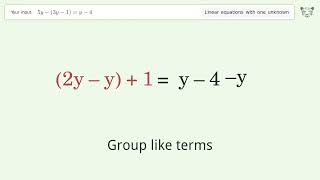 Linear equation with one unknown: Solve 5y-(3y-1)=y-4 step-by-step solution