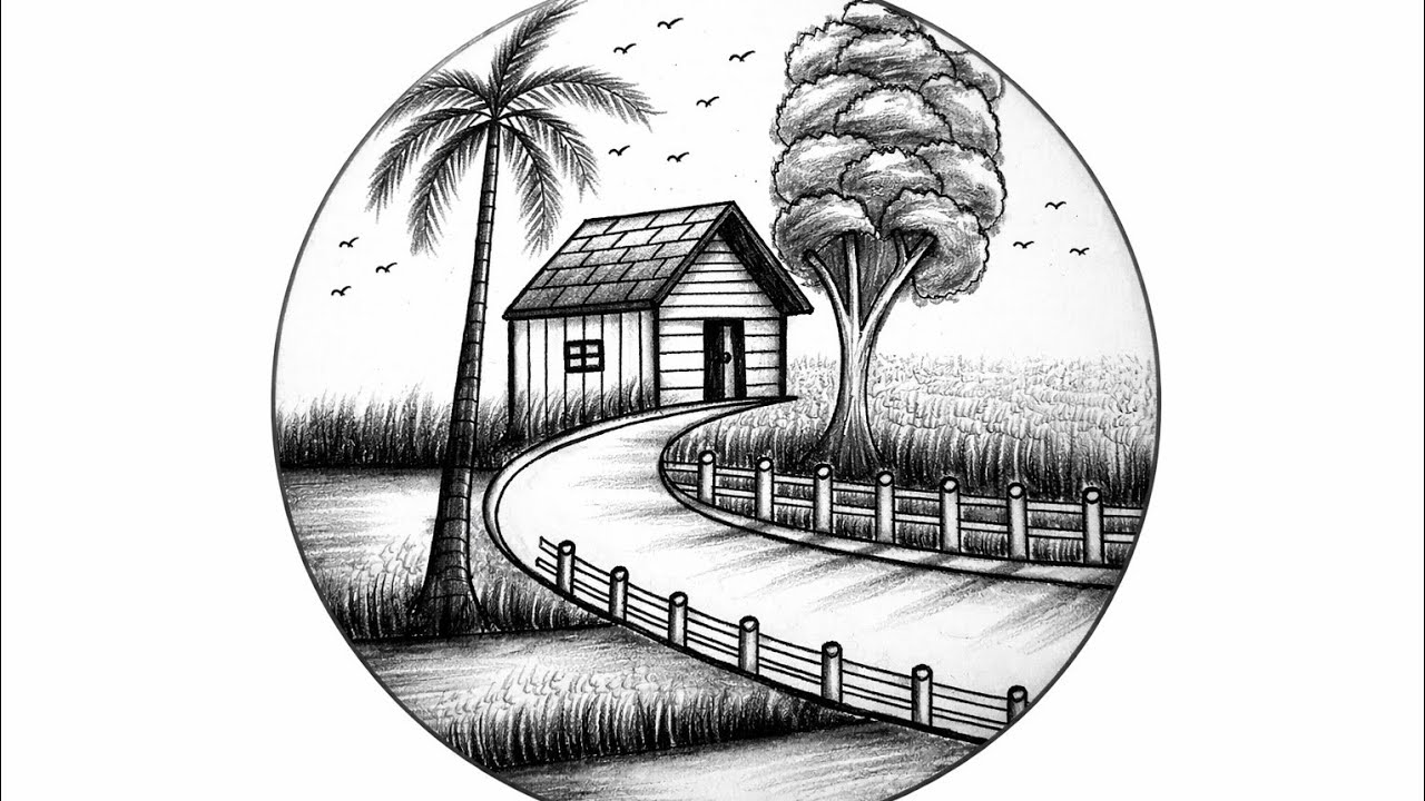 Peaceful Village Road Drawing | Pencil Scenery Art