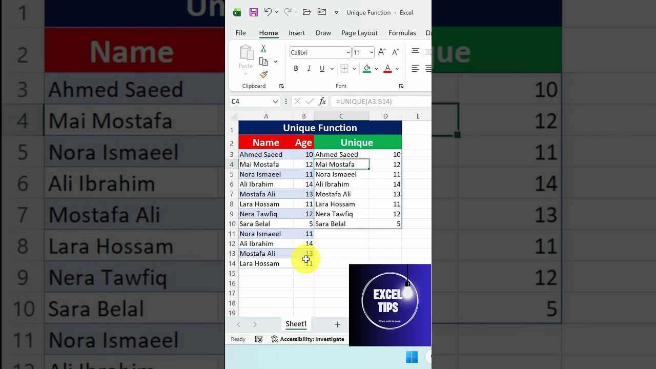 شرح داله unique فى الاكسيل  