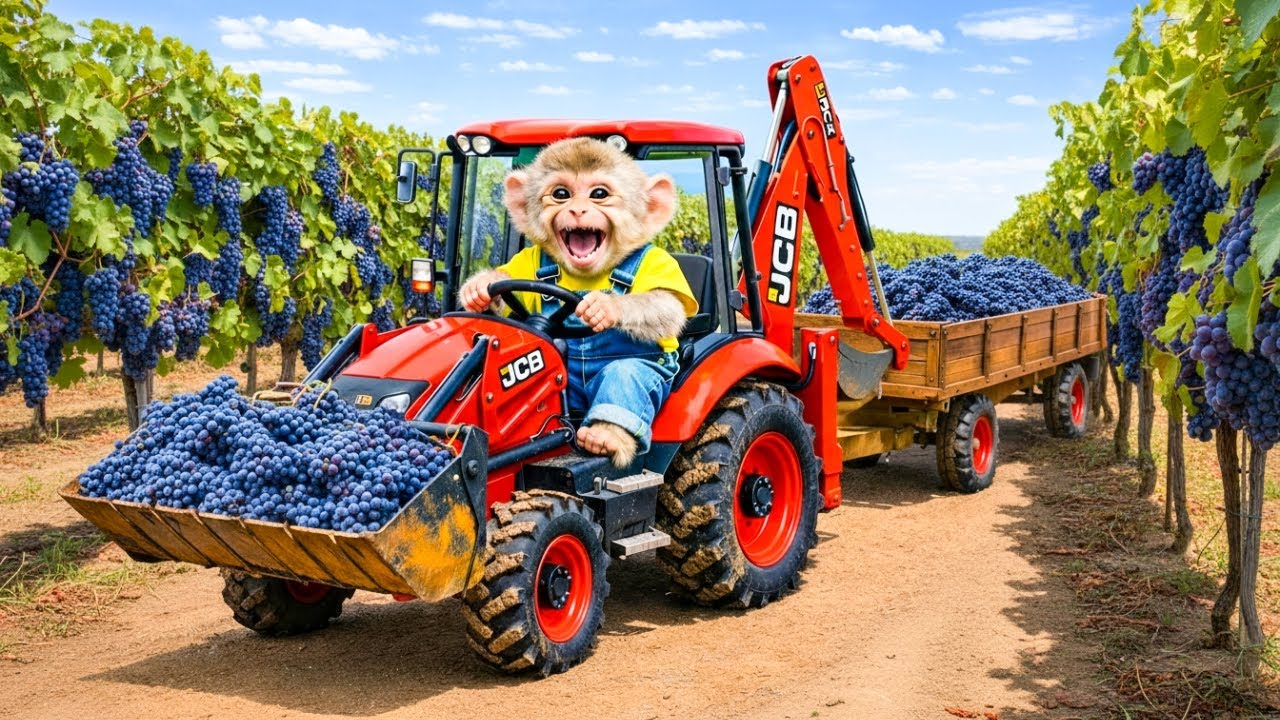 Monkey Ride Tractor Monkey Farmer Drives A Tractor ๐๐ Grape Harvest Farm Adventure | Monkey ...
