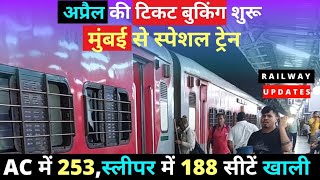 अप्रैल की टिकट बुकिंग शुरू/ 3AC में 253 सीटें खाली, स्लीपर में 188 सीटें खाली/ 100% confirm seat 