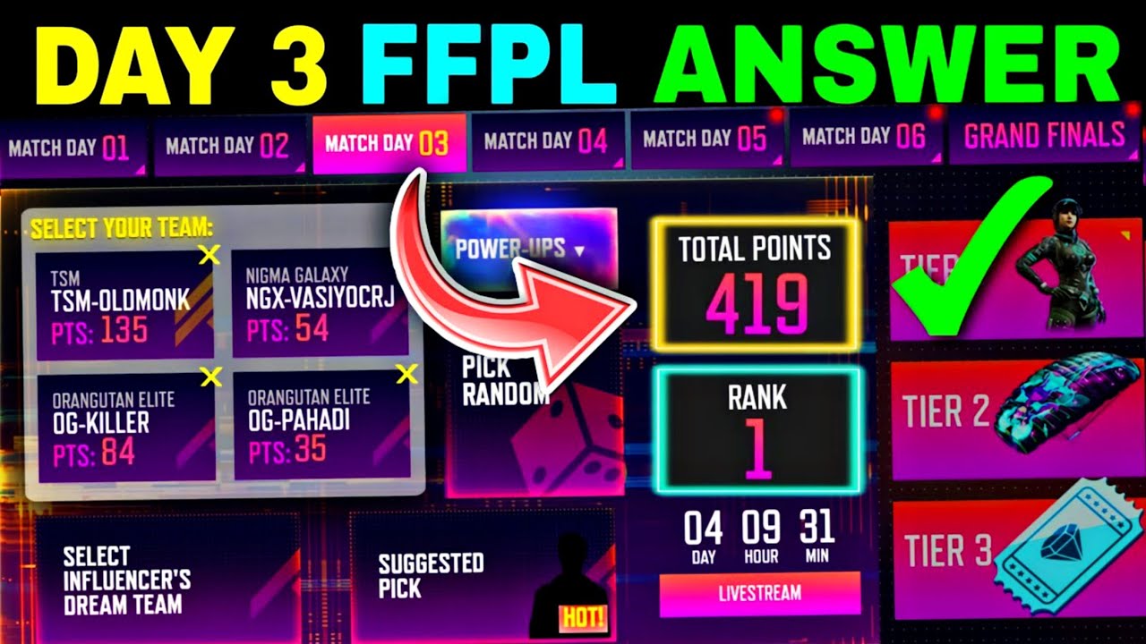 ffpl day 3 redeem code || ffpl Dream team redeem code day 3