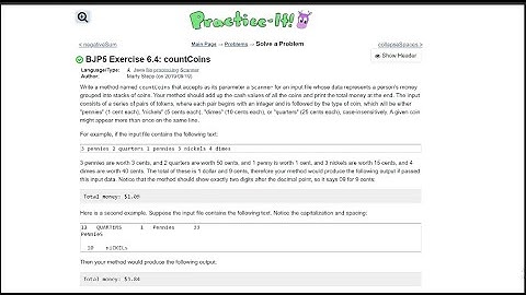 Java Practice It || 6.4 countCoins || file processing, scanner, printf formatting, .equals method
