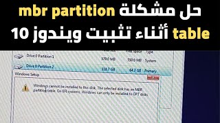 حل مشكلة the selected disk has an mbr partition table أثناء تثبيت ويندوز 10