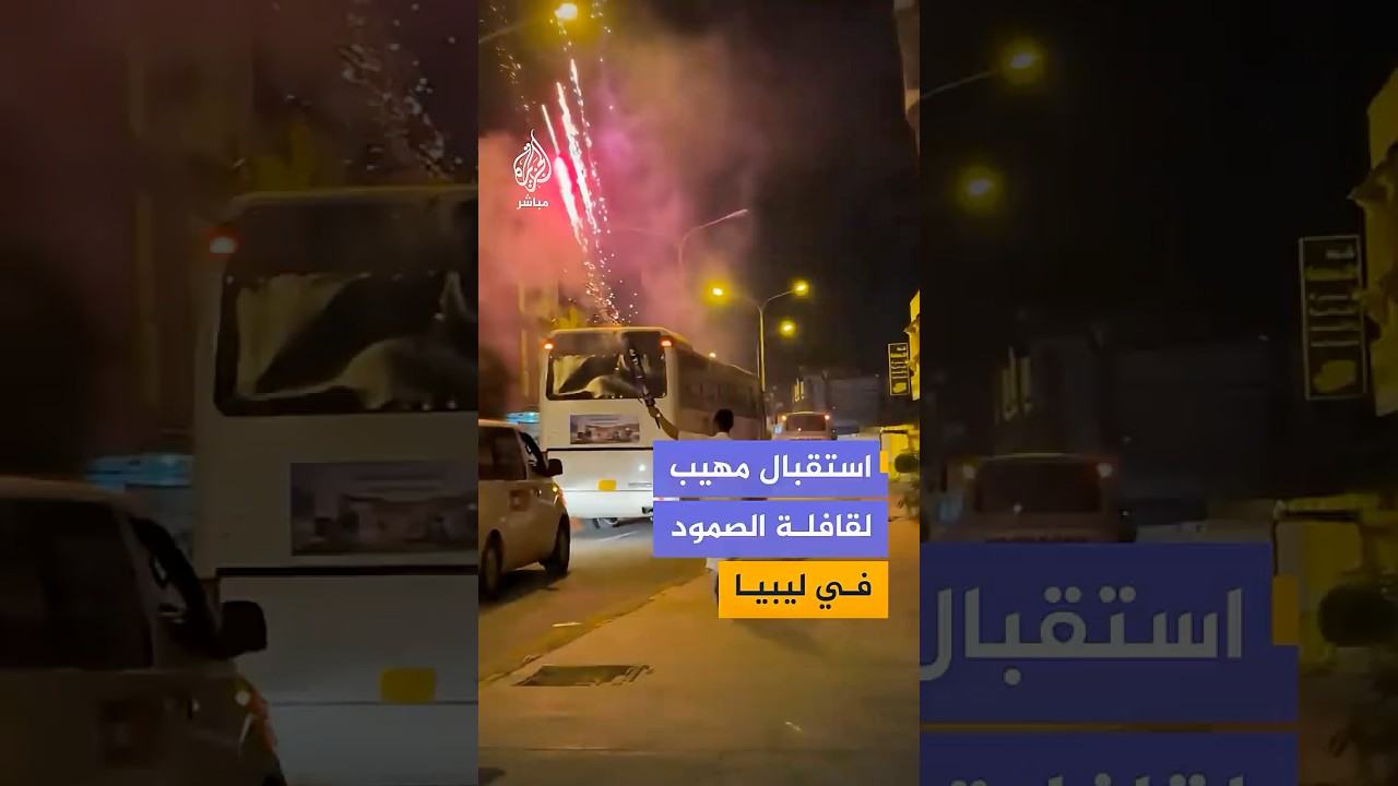 بالألعاب النارية وأعلام فلسطين.. مدينة زليتن الليبية تستقبل قافلة الصمود المغاربية المتجهة إلى غزة