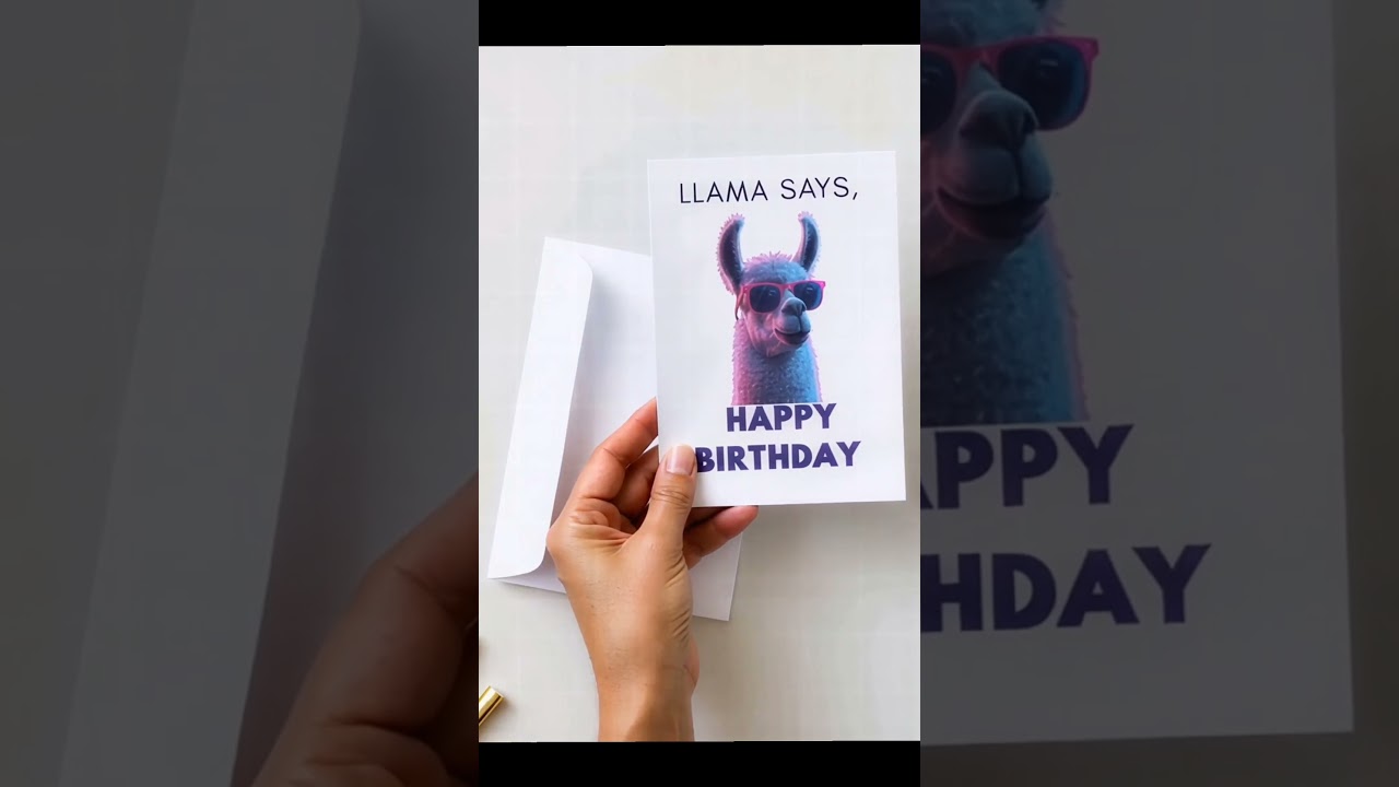Llama says, happy birthday, vide birthday card, 