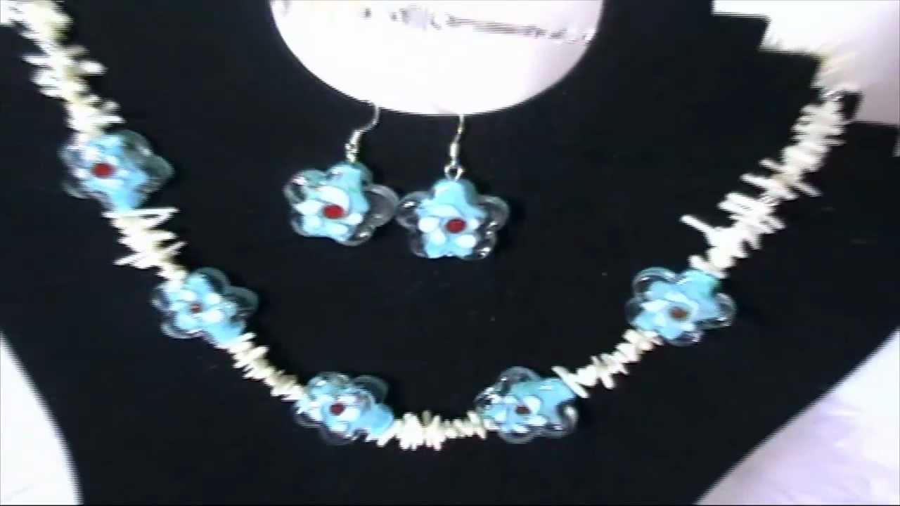 Bijuterii handmade online - Set colier si cercei din coral ivory si margele Lampwork