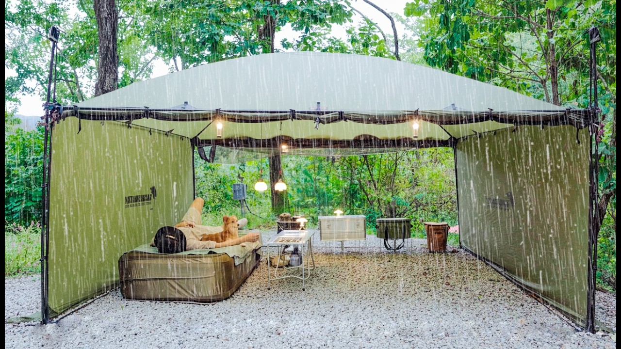 Солокемпинг под сильным дождем с моей собакой | Корейская еда | ASMR