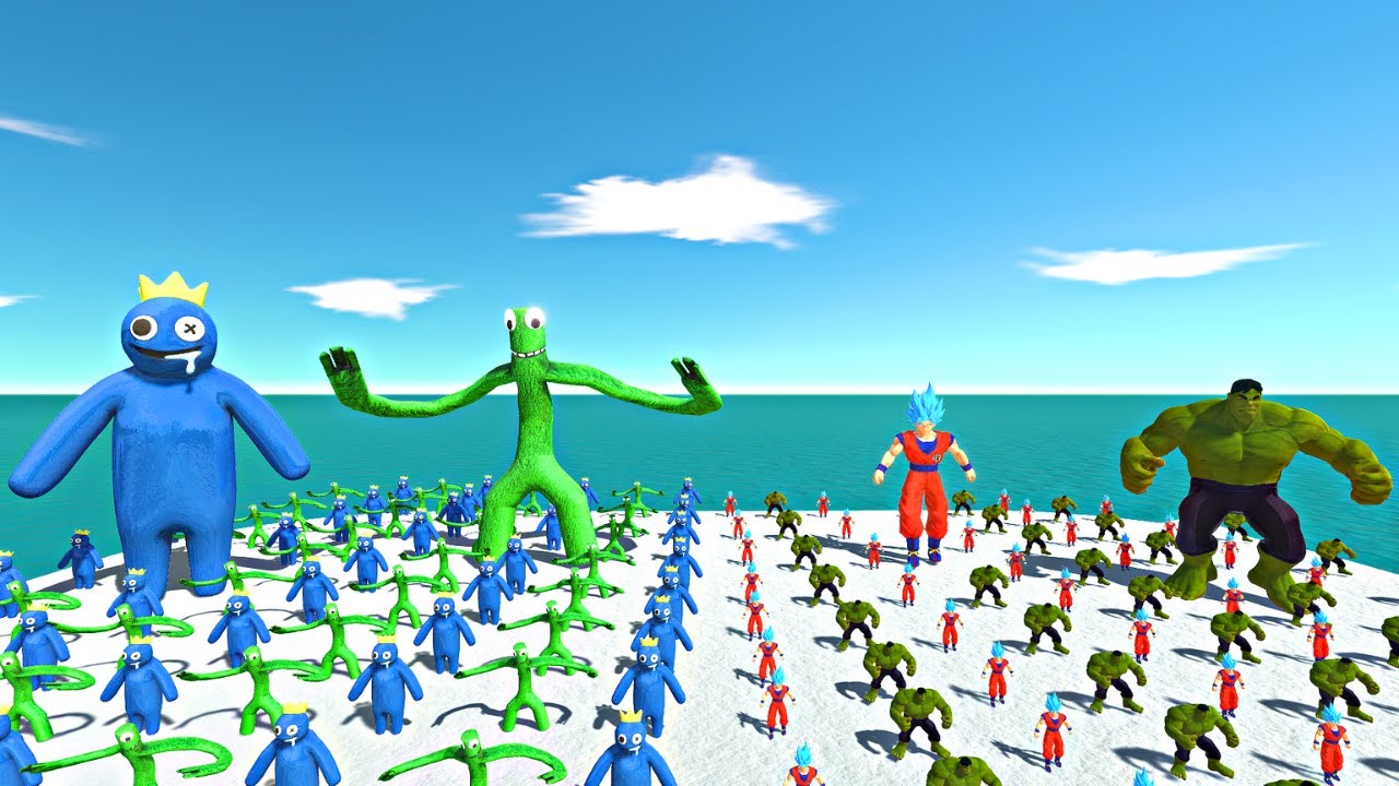 Rainbow Friends Blue + Rainbow Friends Green vs Son Goku + Hulk - Animal revolt Battle Simulator