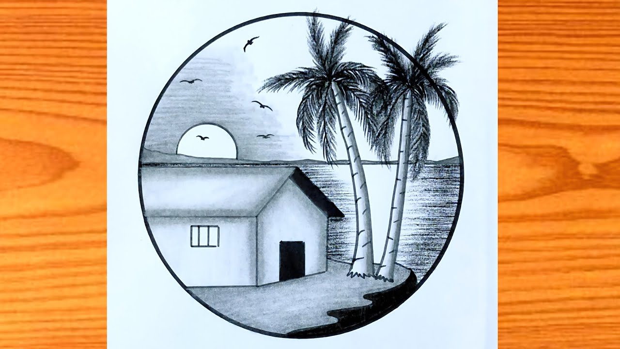 Easy Scenery Drawing for Beginners | Pencil Sketch of House and Palm Trees