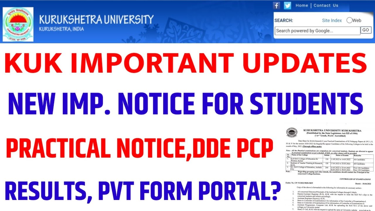 KUK IMPORTANT UPDATES,PRACTICAL NEW NOTICE (BEd),DDE PCP SCHEDULE,RESULTS, PVT FORM PORTAL PROBLEM !