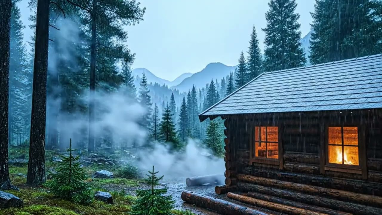 Cozy Rainy Forest Cabin Ambience with Fireplace Glow for Deep Sleep and Relaxation