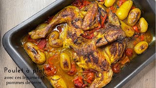 Poulet fermier crapaudine cuit avec ces légumes et pommes de terre au four