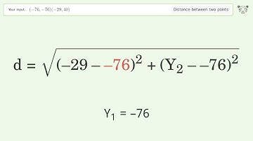 Find the distance between two points p1 (-76,-76) and p2 (-29,40): Step-by-Step Video Solution