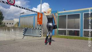 DANA LABO - blonde girl walk in pvc leggings, leather corset and shiny boots