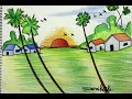 Simple way to draw sunset village scenery step by step